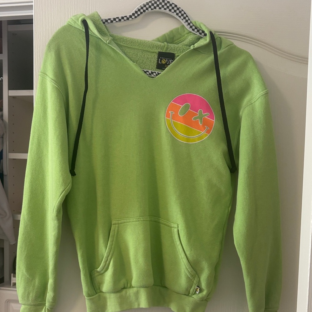 Love junkie Green Hoodie with Colorful Smiley. Gently worn! Super cute and soft